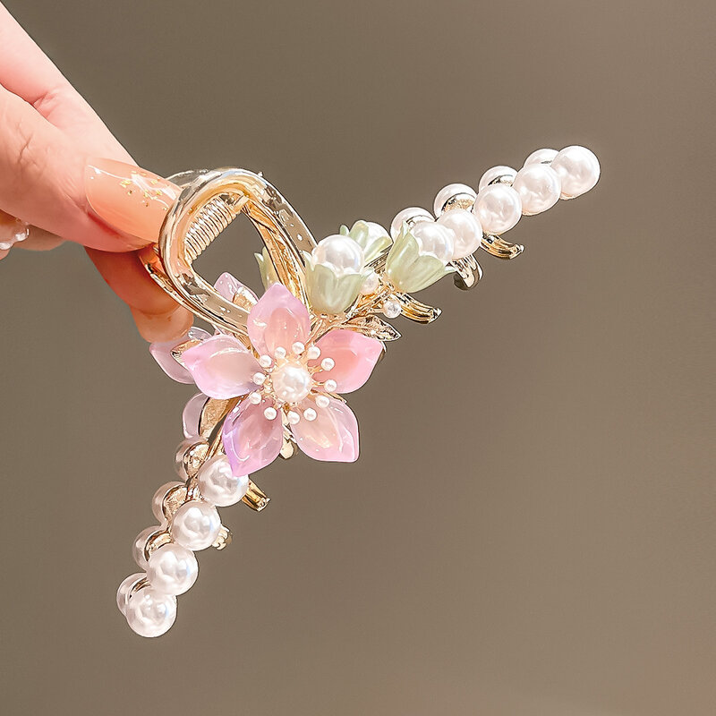 Pink Flower Pearl Hair Claw Clip For Women Girls Korean Fashion Large Metal Hairgrips Ponytail Holder Party Headwear Accessories