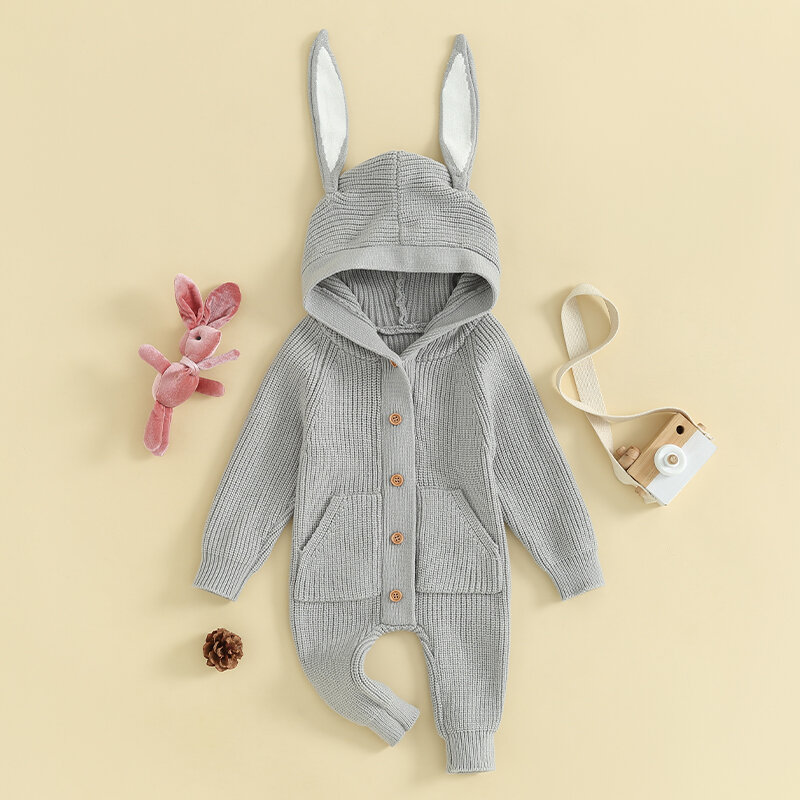 Neonato neonato ragazza pasqua vestito manica lunga a coste lavorato a maglia coniglietto pagliaccetto con cappuccio carino coniglio orecchio bottone tuta