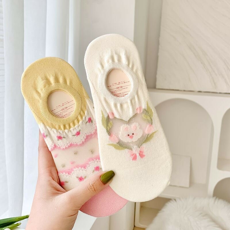 Женские нескользящие носки до щиколотки, удобные дышащие невидимые носки из сетчатой ткани с милым рисунком кролика и цветов в японском стиле, G108