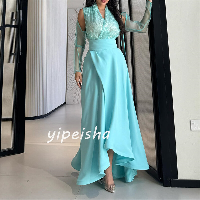 Jersey Sequined Pleat Graduation A-line V-neck Bespoke Occasion Gown Long Dresses