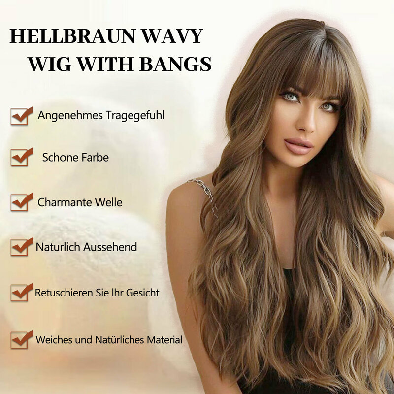 Highlight Synthetic Wigs with Bangs for Black Women Long Ombre Honey Brown Wave Wig Heat Resistant Hair Natural