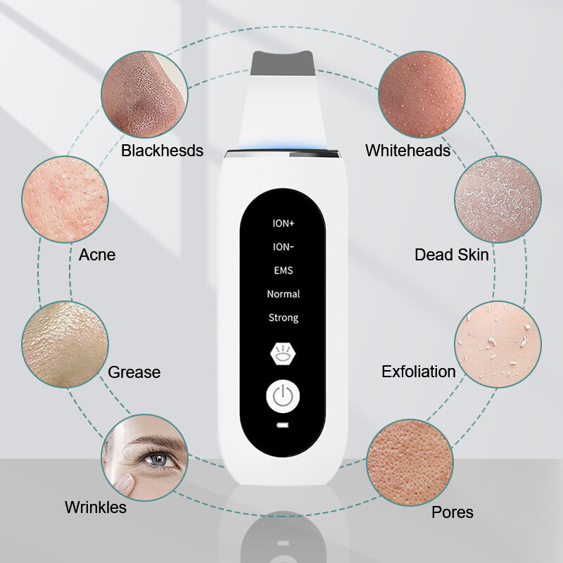 Ultrasonic Pele Deep Scrubber Facial Peeling removedor cravo limpeza profunda do rosto Ultrasonic Ion Poro Acne Cleaner Pá limpa