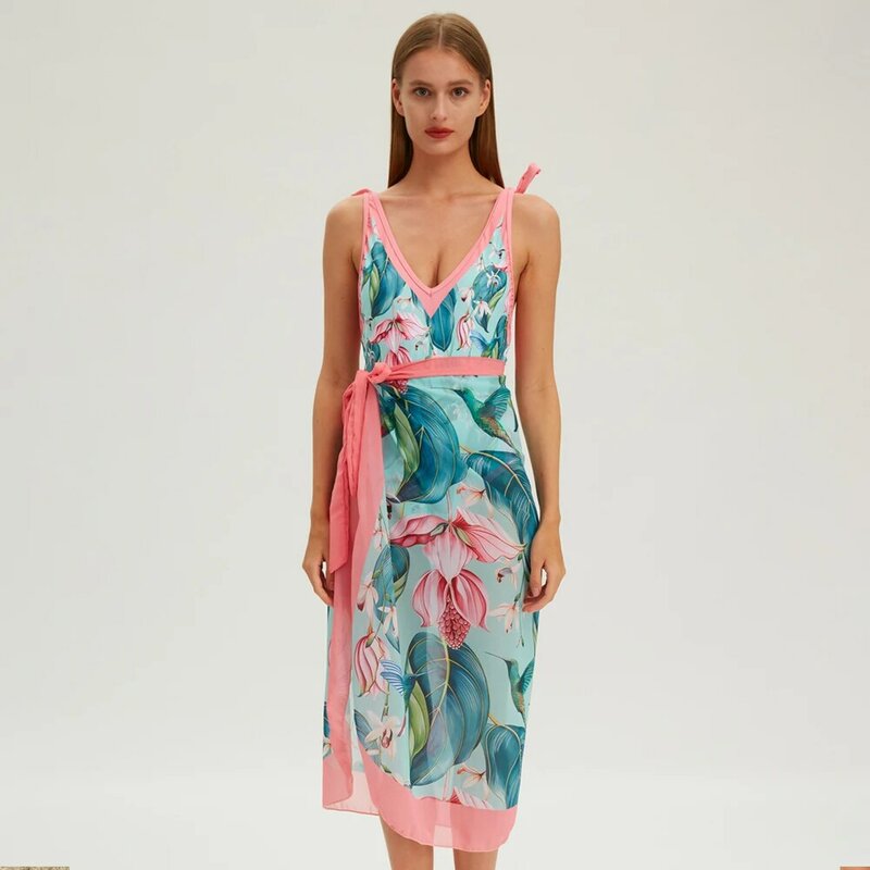 Pakaian renang wanita motif burung Retro musim panas pakaian pantai V dalam cantik satu potong baju renang mode baru 2024 pakaian renang
