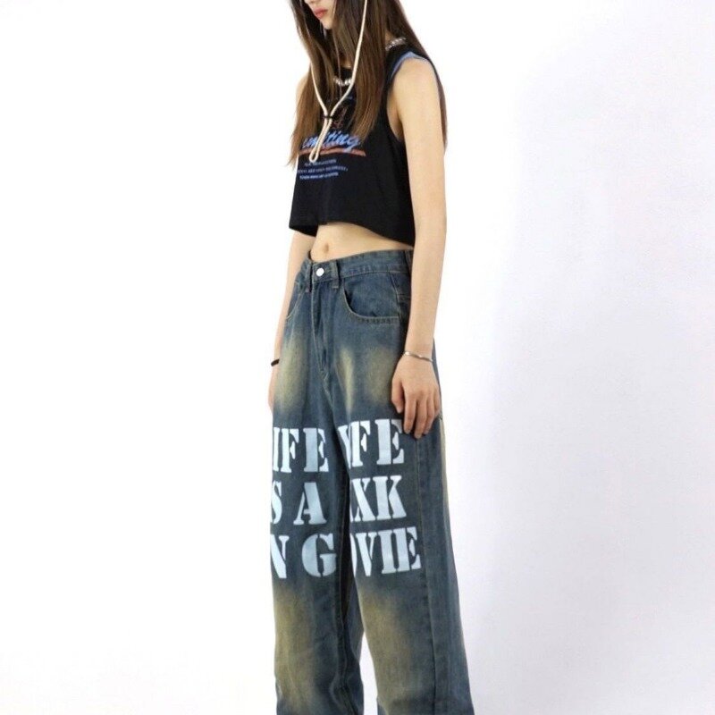 European and American high street jeans with letter print, loose straight leg floor-length trousers jeans trousers for men/women