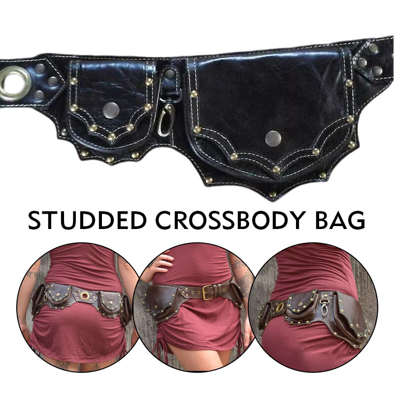 Cinturón de utilidad de cuero Pu Steampunk Medieval para mujer, riñonera remachada, bolsa doble, bolsillo de protección de cintura para deportes al aire libre