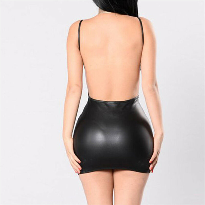 Dresses For Women 2024 Sexy Faux Leather Solid Black Backless Strap Latex Bodycon Mini Sundresses Push Up Club Party  Dresses