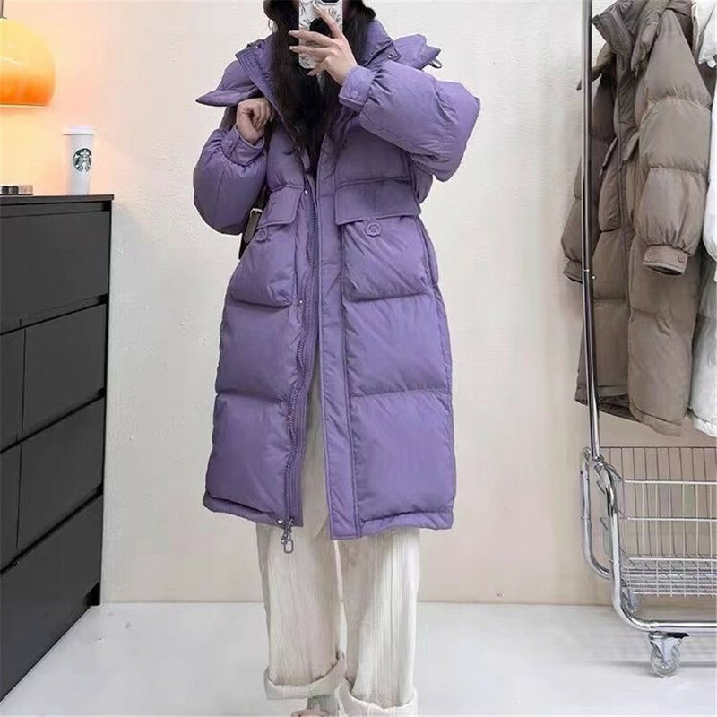 여성용 롱 다운 재킷, 루즈하고 따뜻한 오버 더 니 후드, 화이트 덕 다운 빵, 단색 다운 재킷 코트, 2023 겨울, 신상