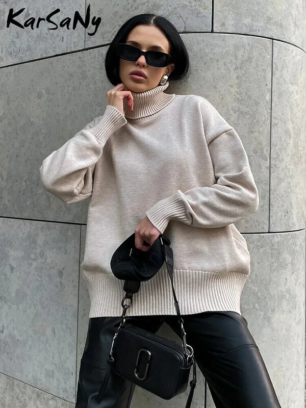 Sweater Tebal Wanita Oversize Turtleneck Pullover Putih Hangat Musim Dingin untuk Wanita Sweater Ukuran Besar Leher Tinggi Rajut untuk Atasan Wanita