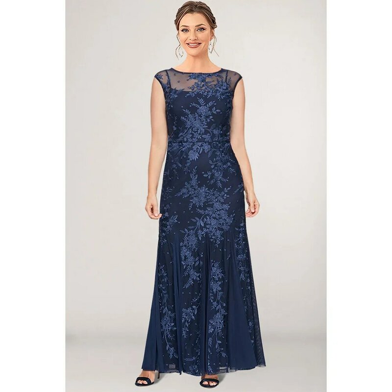 Plus Size Mother Of The Bride Navy Blue Lace Stitching Fishtail Maxi Dress