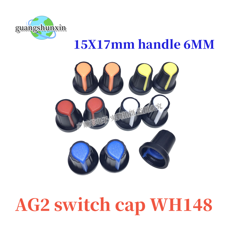 WH148 AG2 전위차계 손잡이 캡 AG2 플라스틱 손잡이 직경 6mm, 플럼 핸들 15x17mm, 단일 및 이중 전위차계, 10 개
