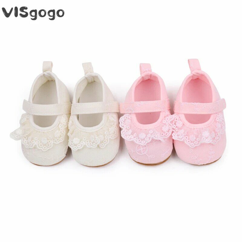 VISgogo-Tênis antiderrapantes para bebês, Baby Girls 'Flats, Ruffle Lace Princess Dress Shoes, Crib Shoes