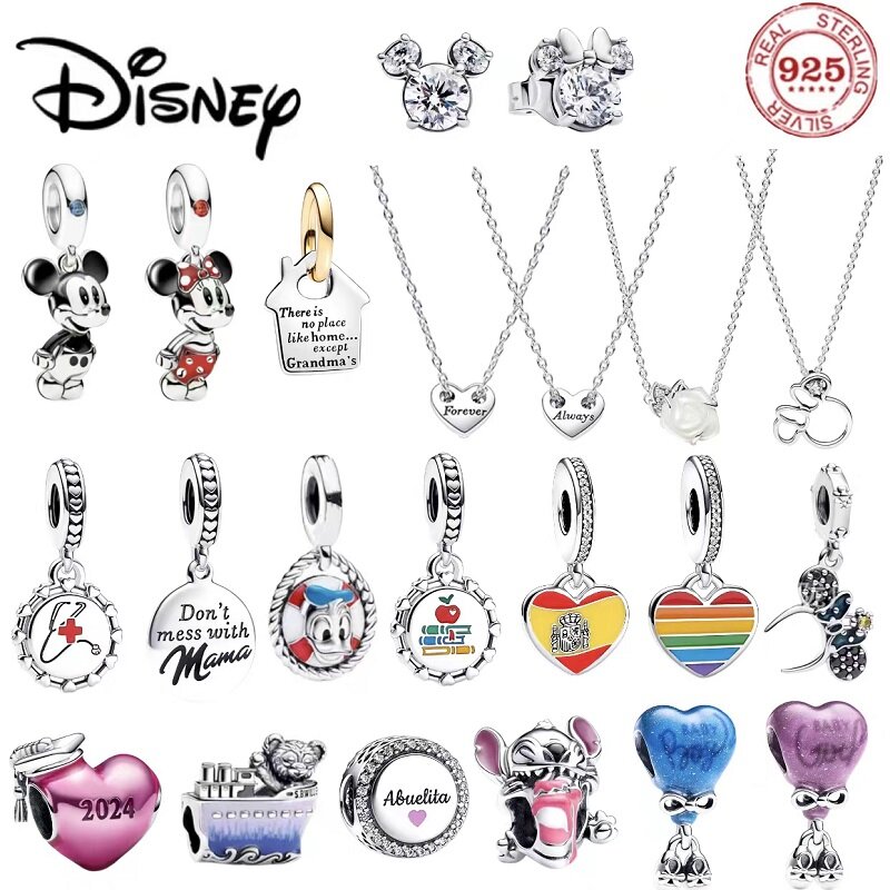 New Disney 925% sterling Silver Fitted Original Mickey Love Charm beaded stud Earrings necklace for women Diy fine jewelry gifts