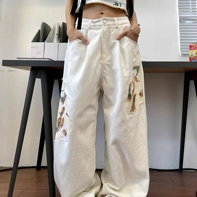 Jeans feminino de cintura alta com emenda de renda, calça jeans folgada feminina, streetwear vintage, calças largas, moda branca, Y2K, 2024