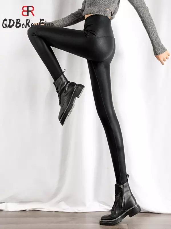Leggings de couro PU emagrecedores femininos, calças justas pretas de cintura alta, elásticas, macias, finas, de lã, sexy, inverno, outono