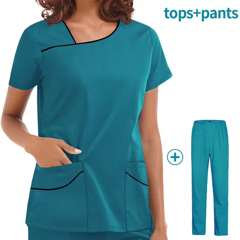 High Quality Nursing Scrubs Women Uniforms Pet Grooming Scrub Set Short Sleeved V-neck Top and Pants Doctor Surgery Work Clothes