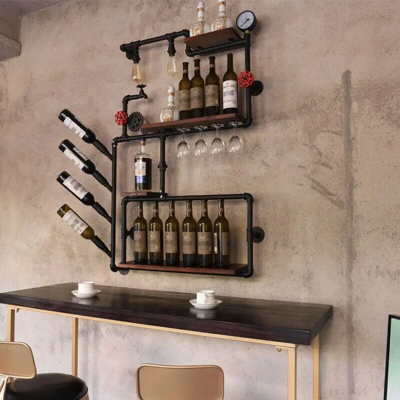 Toko Kopi lemari anggur bar rak anggur loteng retro gaya industri rak dinding besi kayu padat pipa gantung dinding