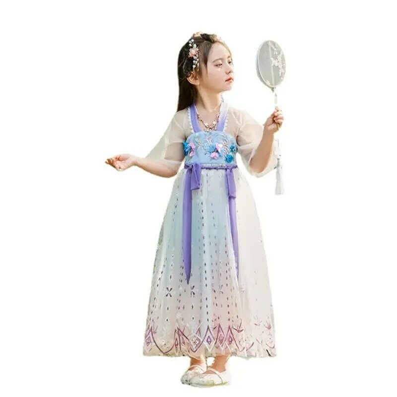 الصينية التقليدية الشاش التطريز Hanfu فستان الفتيات Kawaii تانغ دعوى 2023 الصيف فستان جديد للأطفال الأميرة تأثيري