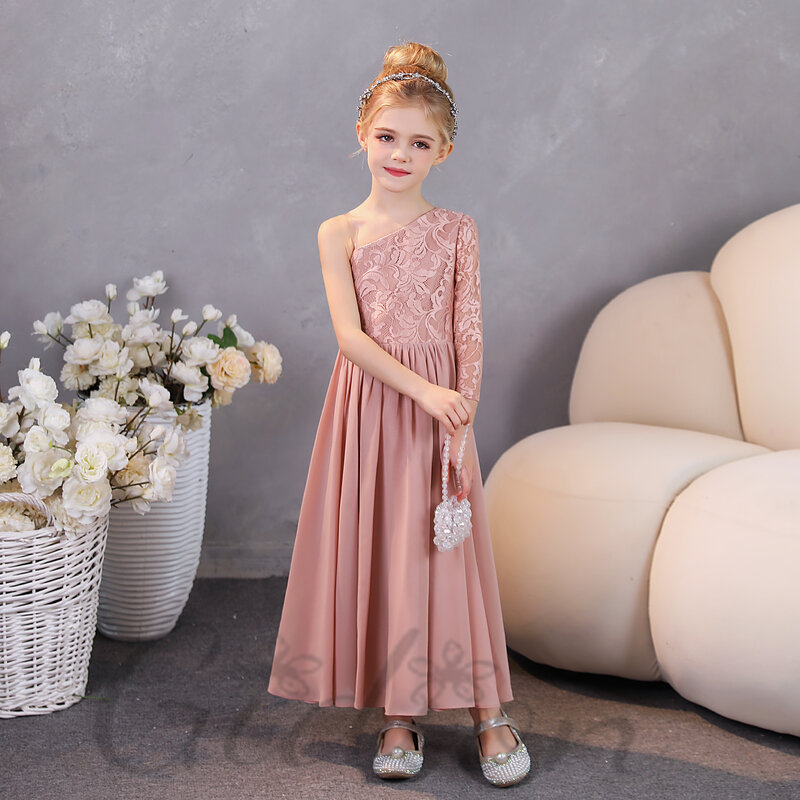 One-Shoulder Chiffon Junior Bridesmaid Dress For Kid Prom Night Wedding Ceremony Birthday Party Banquet Pageant Show Celebration