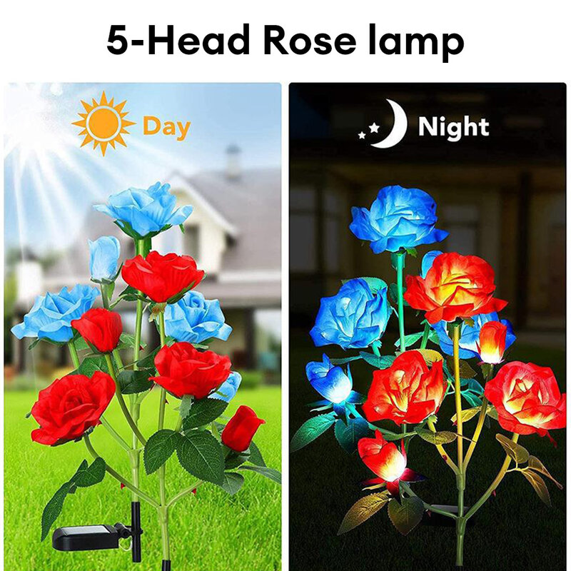 Luces solares decorativas para exteriores, lámpara de flores rosas para césped, Patio, decoración de jardín, 5 cabezales