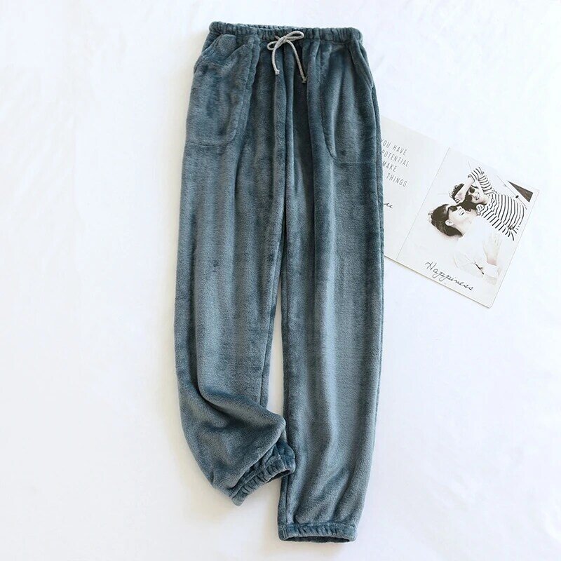 2024 spodnie do spania flanelowe zimowe ciepłe, elastyczne domowe solidne piżamy dla mężczyzn Unisex grube luźne spodnie męskie R77