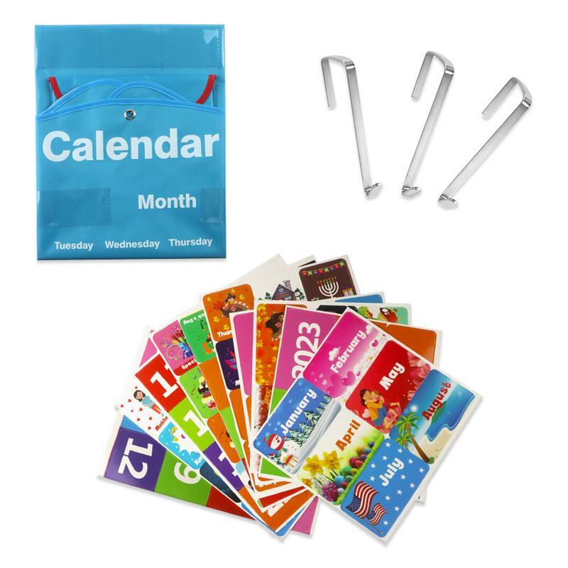 Calendario de gráfico de bolsillo con forma de gato de dibujos animados para el aula, suministros de aula impresos transparentes, colgables, con 3 ganchos