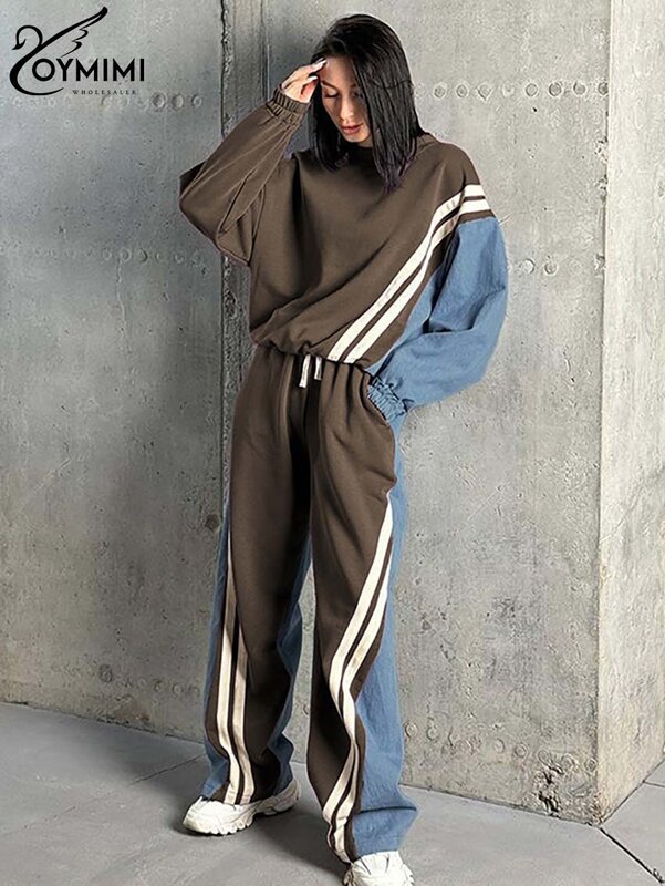 Oymimi Casual Blue Patchwork Sets For Women 2 Pieces O-Neck Long Sleeve Blouse And Drawstring Straight Sweatpants Set Streetwear