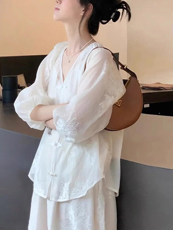 Two Piece New Chinese Summer Dress Sets Simple Basic Sweet Ladies Women Dress Set White Fashion Slim V-neck Dress Sets Female