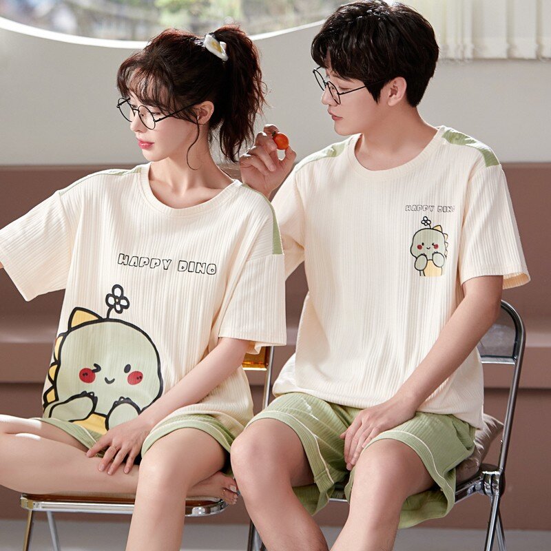 男性と女性のための韓国の綿のナイトウェア,カップルのための柔らかいパジャマ,夏のセット