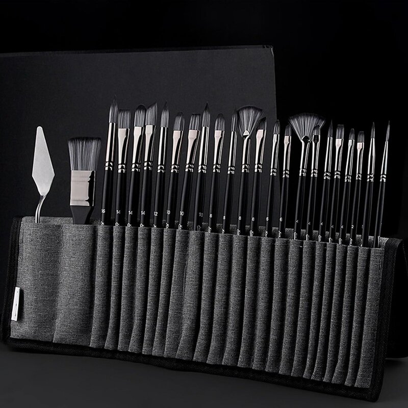 25Piece Paint Brush Set,Wooden Handled Brushes With Canvas Brush Case, Professional Oil, Acrylic And Watercolor Painting