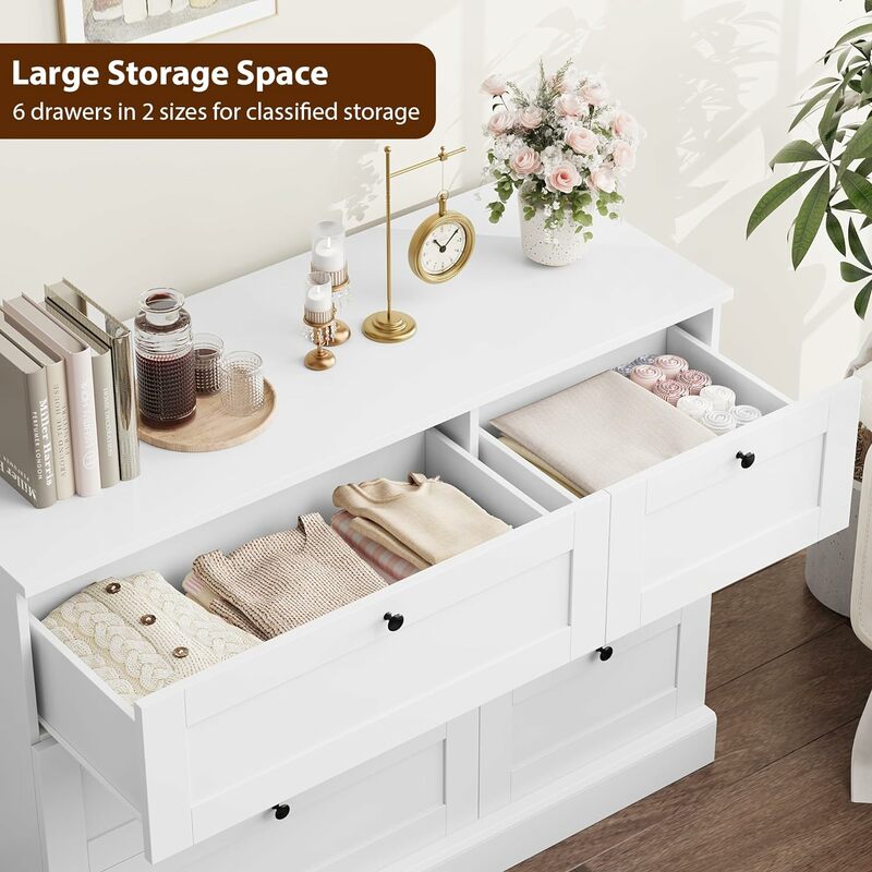 6 Drawer Dresser, White Dresser for Bedroom, Wood Chest of Drawers, Wide Double Dresser, Modern Drawer Chest  White
