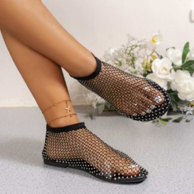 2024 Summer Women's New Luxury Round Toe Flat Bottom Sandals Hollow Short  Water Rhinestone Sexy Flat Bottom Shoes