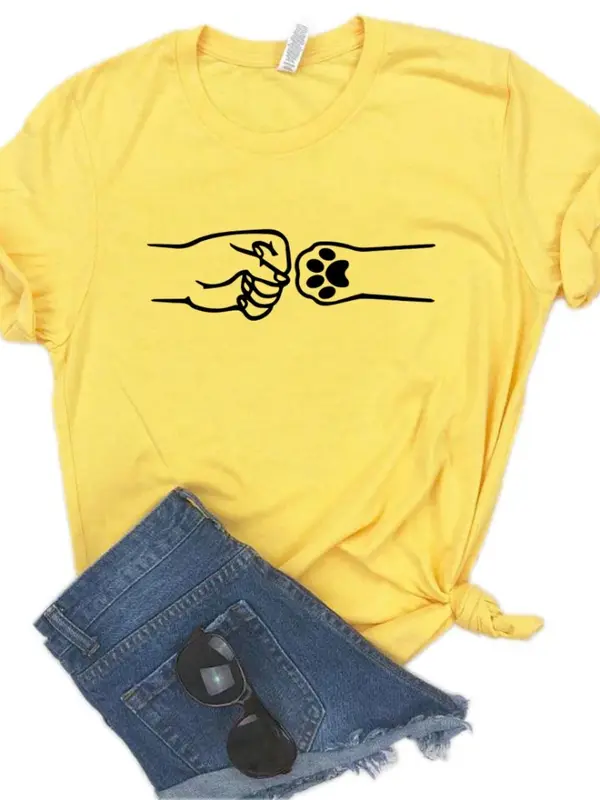 Camiseta con estampado de perro y gato para Mujer, camisa holgada de manga corta con cuello redondo, con puño de mano, a la moda