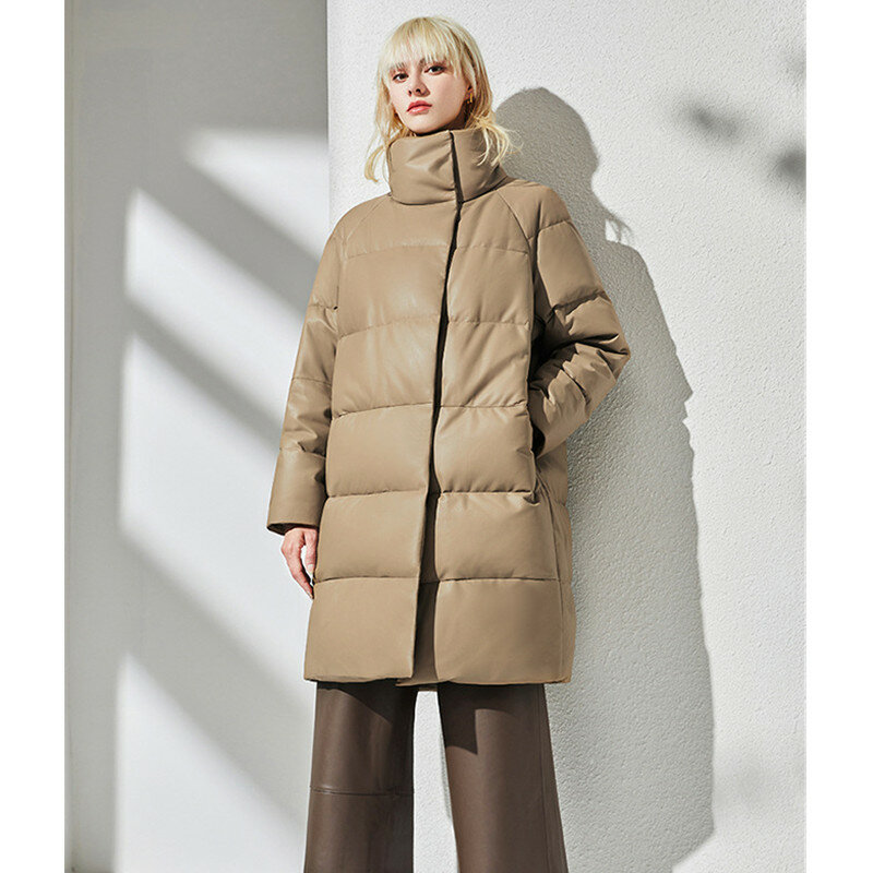 Women's Mid-Length Straight Leather Down Jacket, Stand Collar, Natural Sheepskin, Women Fashion, Genuine Warm Coat, Winter