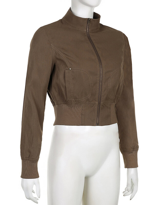 Y2K jaket wanita lengan panjang, mantel wanita keren lengan panjang polos Vintage musim semi leher standar ritsleting cantik kasual jalanan