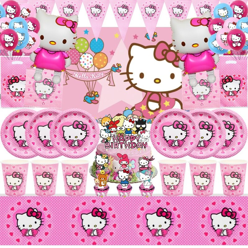 Décorations de fête d'anniversaire Hello Kitty, ballons blancs jetables, vaisselle de fond pour enfants, fournitures de fête, cadeaux jouets