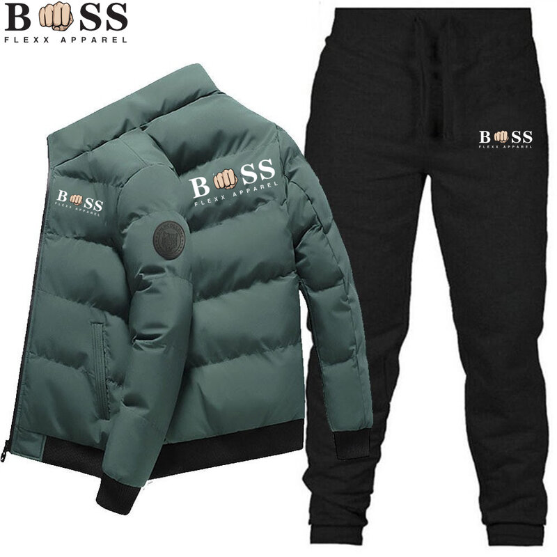 2023 Fashion Winter Korean Edition Men's Fashion Warm New Windproof High Quality Polyester Zipper Jacket and Trouser 2-Piece Se