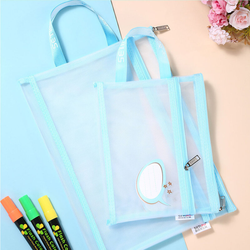 Double-Layer Mesh Zipper Storage Bag, A4 Papelaria, Grande Capacidade, Organizador Cosmético, Maquiagem Bag, Pastas de arquivo transparentes