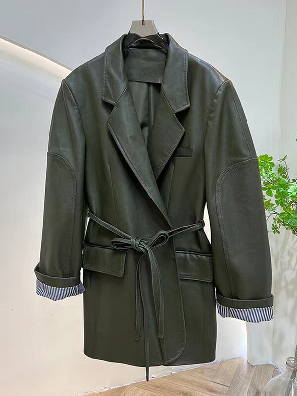 Jaket kulit Eropa untuk wanita 2024, Blazer Streetwear jaket kulit domba warna polos tanaman baru, setelan jaket kulit tentara wanita