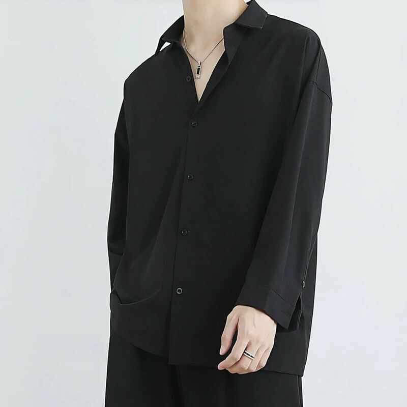Camisa de seda gelo masculina com botões, manga longa, casual solta, monocromática, cinza, moda coreana, luxo, nova, primavera