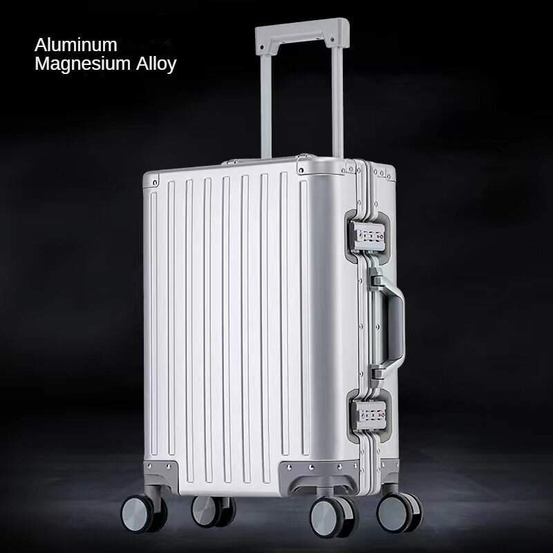 Tas perjalanan semua aluminium terkenal koper Magnesium Aloi casing troli Roda Universal tas perjalanan 20 inci kotak logam
