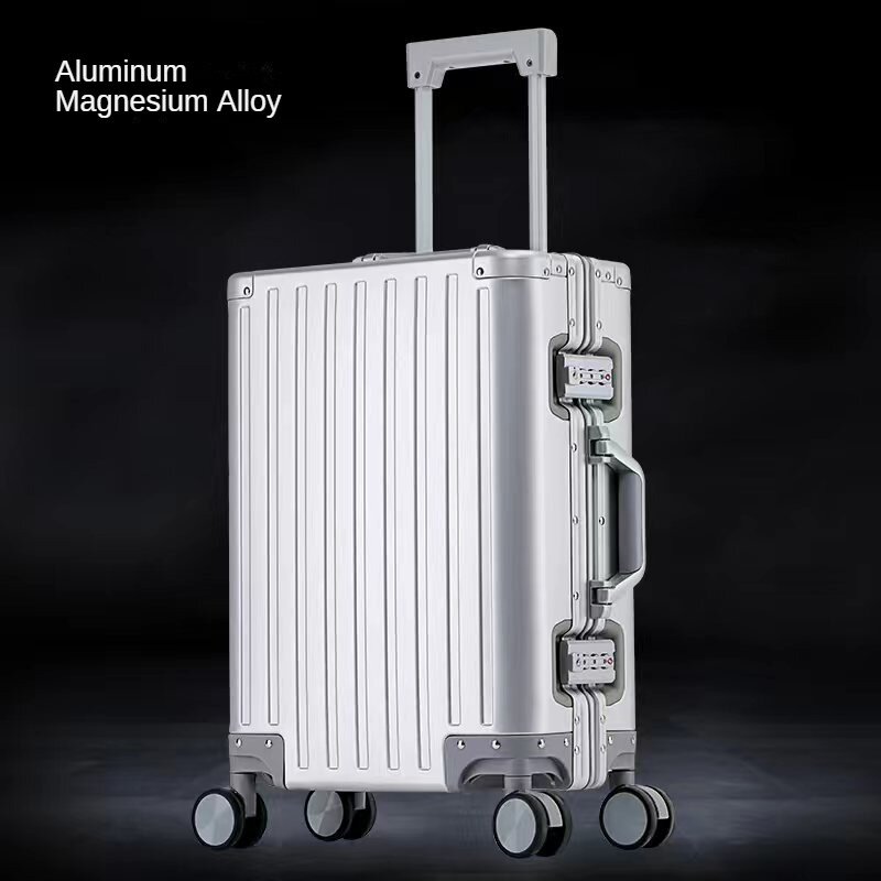 Famose valigie da viaggio interamente in alluminio bagaglio in lega di magnesio Trolley universale con ruote borsa da imbarco da 20 pollici scatola di metallo da viaggio