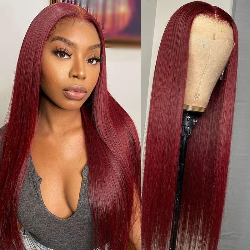180% Density Glueless Wigs 99J Burgundy Straight 13x4 Lace Front Human Hair Wig for Women Straight Pre Plucked with Baby Hair
