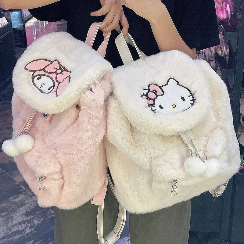 Sanrio tas sekolah bulu lucu, tas bahu berbulu sederhana semua cocok tas tangan lucu tas Tote berbulu perjalanan pendek ransel untuk anak perempuan