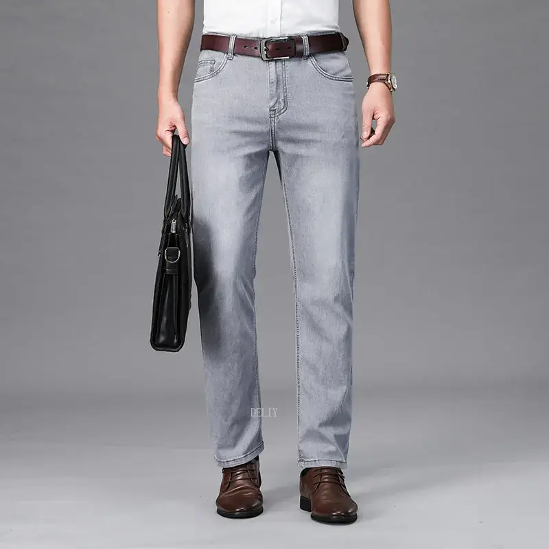 Pantalones vaqueros de cintura alta para hombre, Vaqueros informales de negocios, color gris claro y azul, Material de marca, algodón recto, elástico