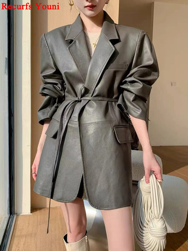 Jaket kulit Eropa untuk wanita 2024, Blazer Streetwear kombinasi tanaman baru, jaket kulit domba tentara wanita