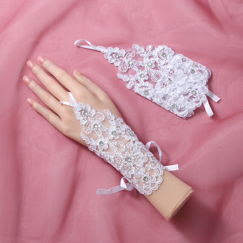 Luvas curtas do laço dos dedos para a noiva, malha branca, acessórios da foto do vestido de casamento, nova moda
