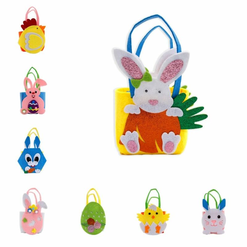Bolso de mano de fieltro de dibujos animados para niños, bolsa de dulces colorida hecha a mano DIY, bolsa de regalo de conejo y pollito de Pascua, favores del día de Pascua Feliz
