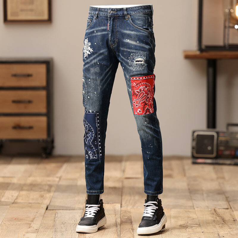Streetwear Jeans Pria sobek ketat, celana pensil Denim Hip Hop desainer tambalan untuk lelaki