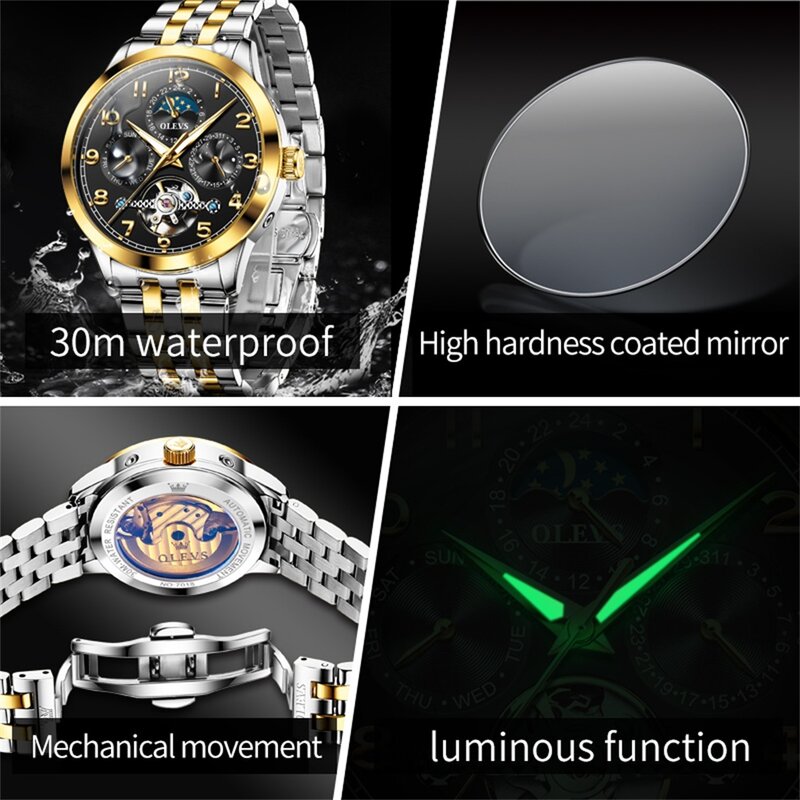 OLEVS jam tangan mekanis otomatis, arloji asli pria tahan air bercahaya tali baja tahan karat fase bulan