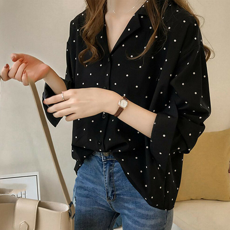 Женская шифоновая блузка в горошек, повседневная офисная рубашка с V-образным вырезом и длинным рукавом, лето 2024